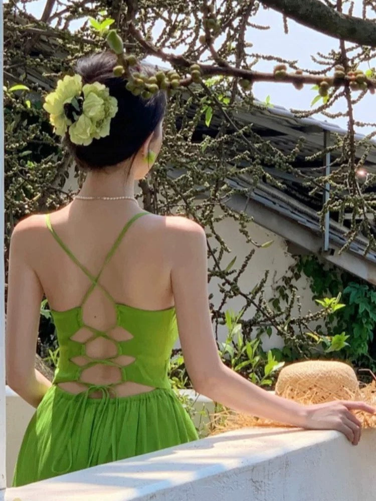 Simple A line Spaghetti Strap Green Chiffon Summer Beach 19th Birthday Elegant Outfit Wedding Guest Dresses N4066