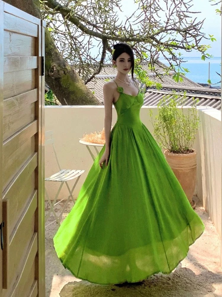Simple A line Spaghetti Strap Green Chiffon Summer Beach 19th Birthday Elegant Outfit Wedding Guest Dresses N4066