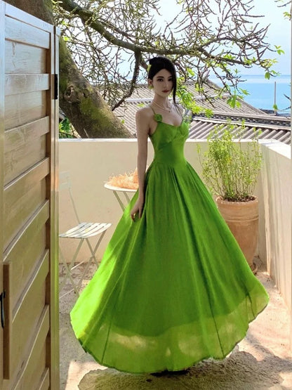 Simple A line Spaghetti Strap Green Chiffon Summer Beach 19th Birthday Elegant Outfit Wedding Guest Dresses N4066