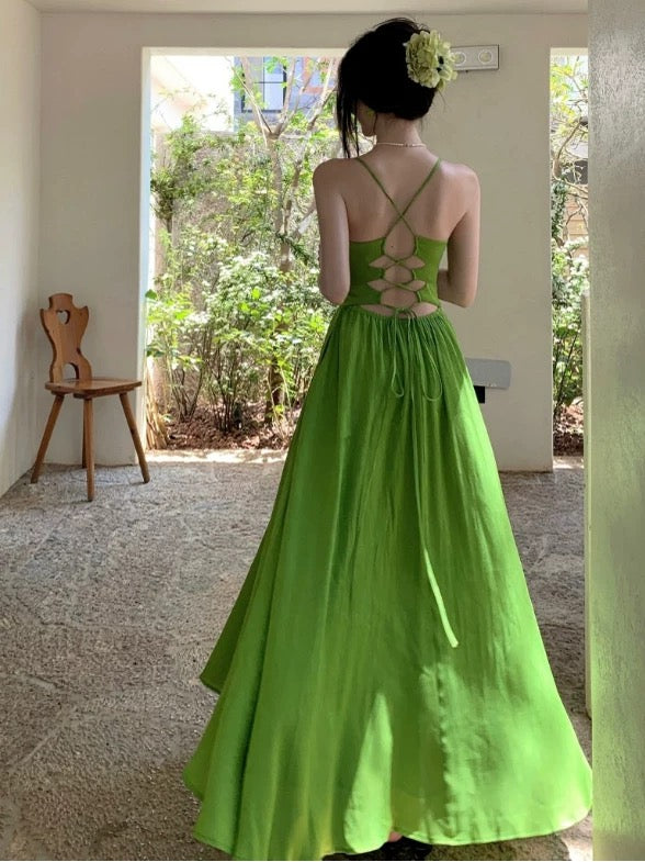 Simple A line Spaghetti Strap Green Chiffon Summer Beach 19th Birthday Elegant Outfit Wedding Guest Dresses N4066