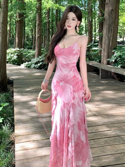 Simple Mermaid Spaghetti Strap Pink Chiffon Summer Beach 19th Birthday Elegant Outfit Wedding Guest Dresses N4067