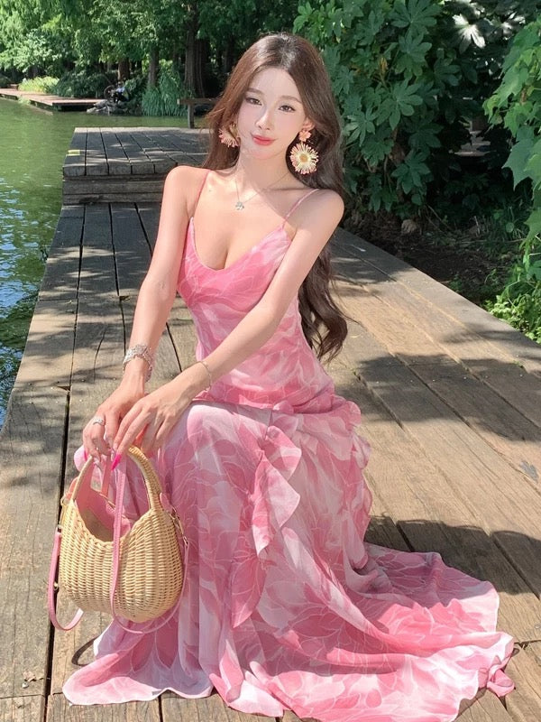 Simple Mermaid Spaghetti Strap Pink Chiffon Summer Beach 19th Birthday Elegant Outfit Wedding Guest Dresses N4067