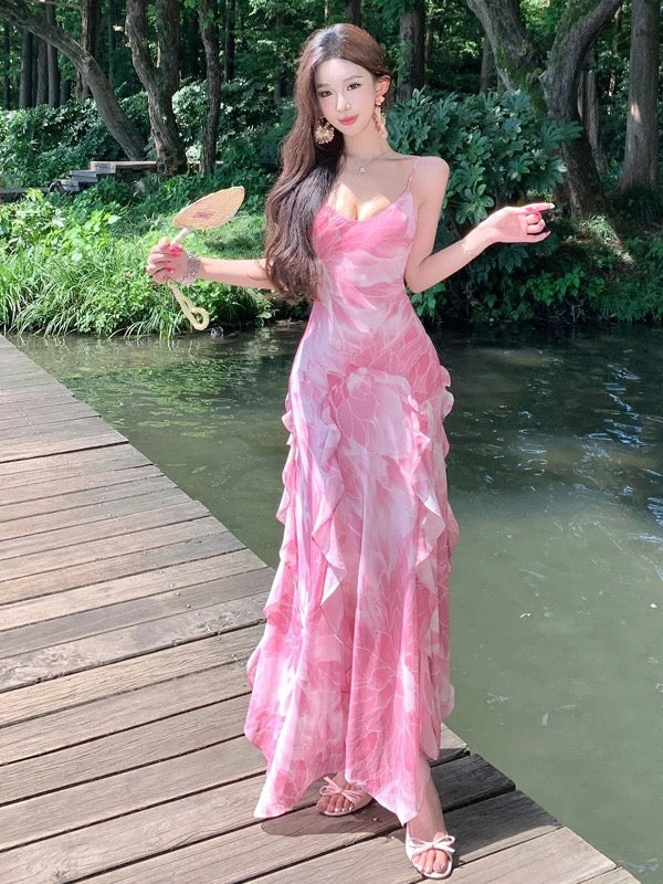 Simple Mermaid Spaghetti Strap Pink Chiffon Summer Beach 19th Birthday Elegant Outfit Wedding Guest Dresses N4067