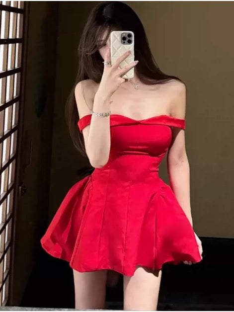 Sexy A line Off The Shoulder Red Satin Short Mini Party Dress Cocktail Homecoming Dresses N4068