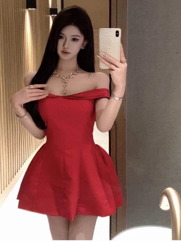 Sexy A line Off The Shoulder Red Satin Short Mini Party Dress Cocktail Homecoming Dresses N4068