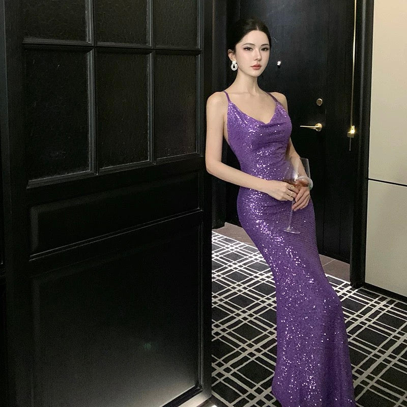 Sparkly Mermaid Spaghetti Strap Purple Sequin Summer Beach 19th Birthday Elegant Outfit Wedding Guest Dresses N4069