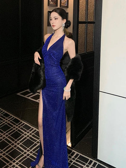 Sparkly Mermaid Halter Royal Blue With Slit Sequin Summer 19th Birthday Elegant Outfit Wedding Guest Dresses N4070