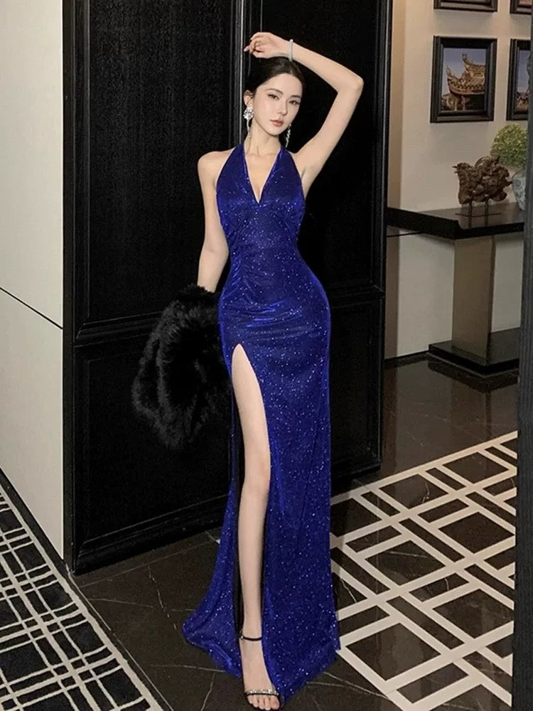 Sparkly Mermaid Halter Royal Blue With Slit Sequin Summer 19th Birthday Elegant Outfit Wedding Guest Dresses N4070