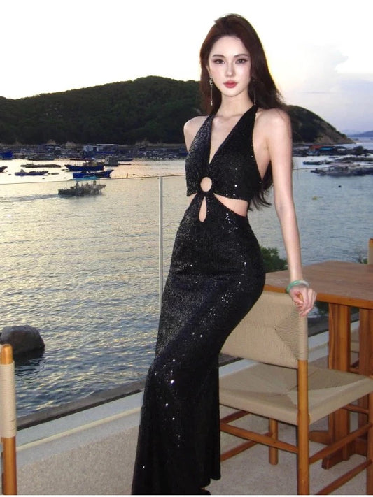 Sparkly Mermaid Halter Black Tie Sequin Summer 19th Birthday Elegant Outfit Wedding Guest Dresses N4071