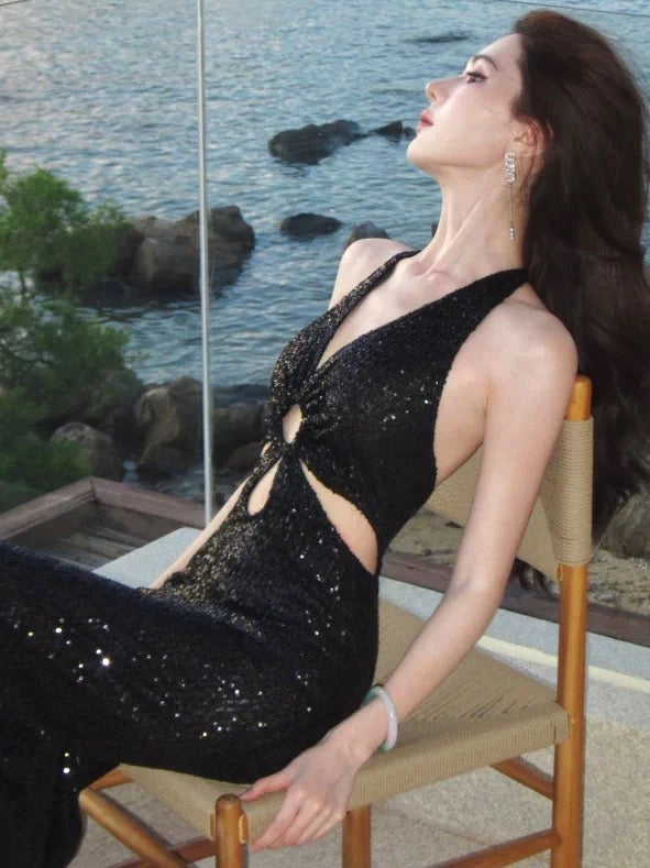 Sparkly Mermaid Halter Black Tie Sequin Summer 19th Birthday Elegant Outfit Wedding Guest Dresses N4071