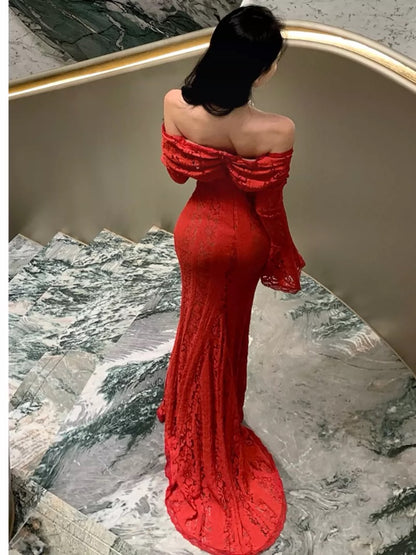 Mermaid Off The Shoulder Burgundy Lace Long Sleeves Prom Dress 21st Birthday Elegant Outfit Summer Wedding Guest Dresses N4072