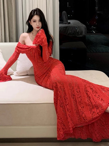 Mermaid Off The Shoulder Burgundy Lace Long Sleeves Prom Dress 21st Birthday Elegant Outfit Summer Wedding Guest Dresses N4072