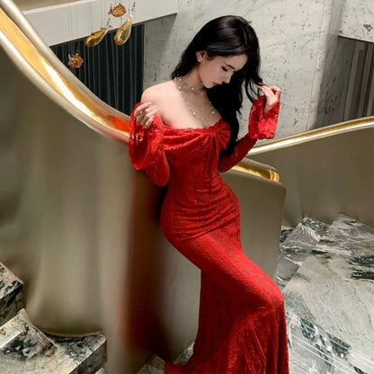 Mermaid Off The Shoulder Burgundy Lace Long Sleeves Prom Dress 21st Birthday Elegant Outfit Summer Wedding Guest Dresses N4072