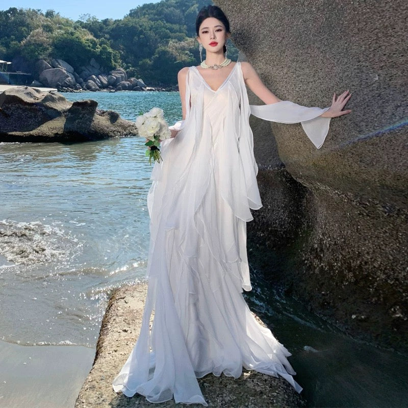 A line V Neck Chiffon White With Ruffles Summer 19th Birthday Elegant Outfit Wedding Guest Dresses N4073