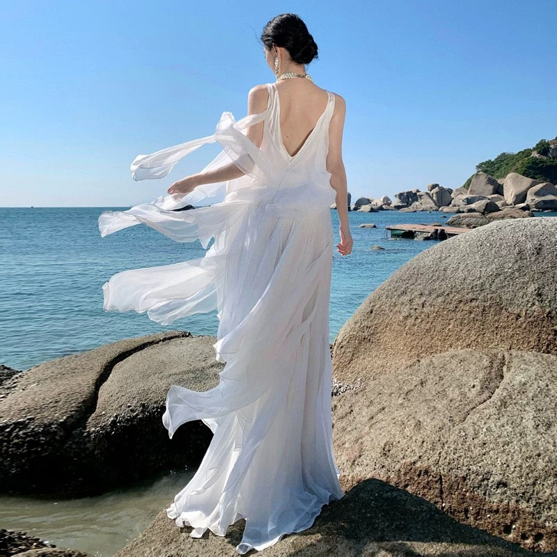 A line V Neck Chiffon White With Ruffles Summer 19th Birthday Elegant Outfit Wedding Guest Dresses N4073