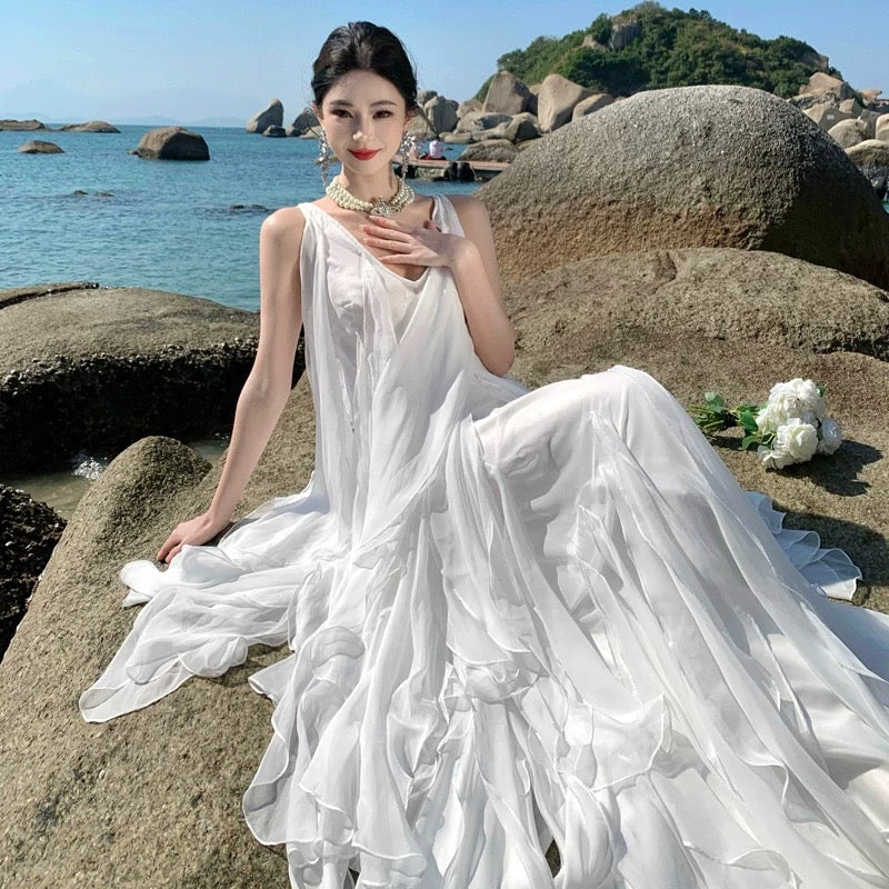 A line V Neck Chiffon White With Ruffles Summer 19th Birthday Elegant Outfit Wedding Guest Dresses N4073