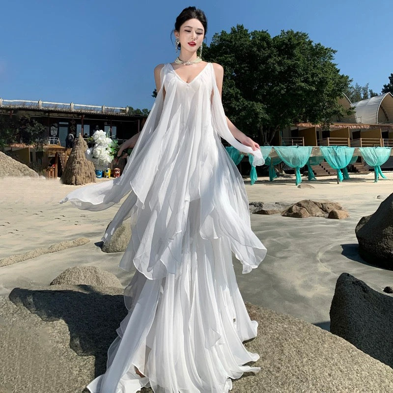 A line V Neck Chiffon White With Ruffles Summer 19th Birthday Elegant Outfit Wedding Guest Dresses N4073