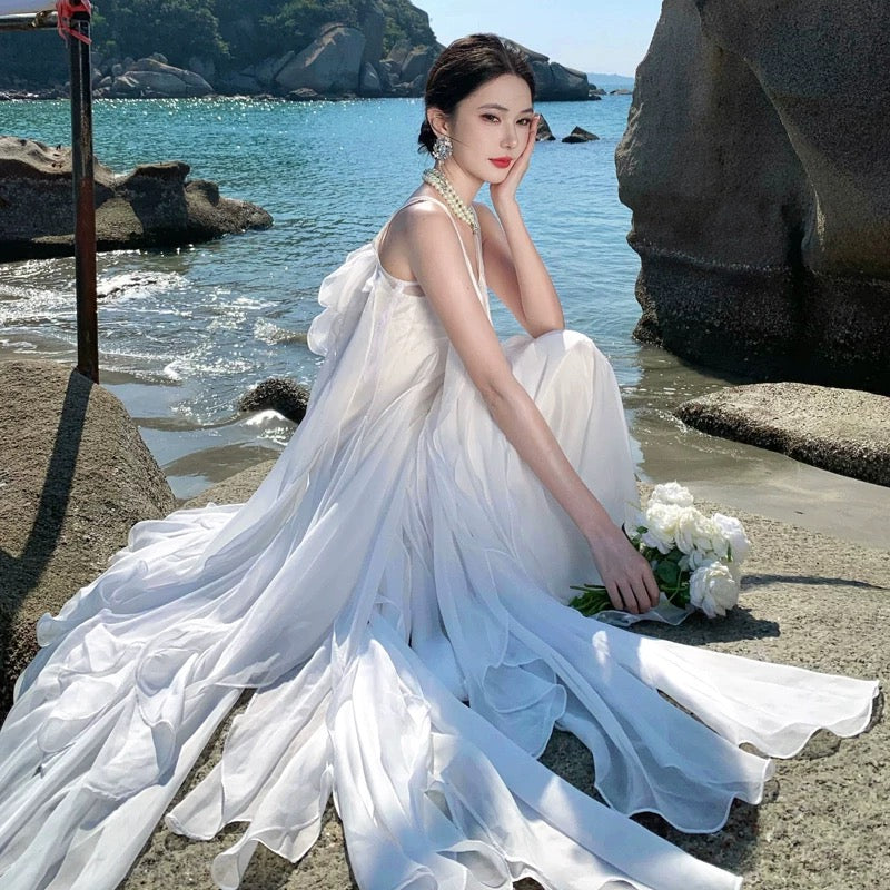 A line V Neck Chiffon White With Ruffles Summer 19th Birthday Elegant Outfit Wedding Guest Dresses N4073