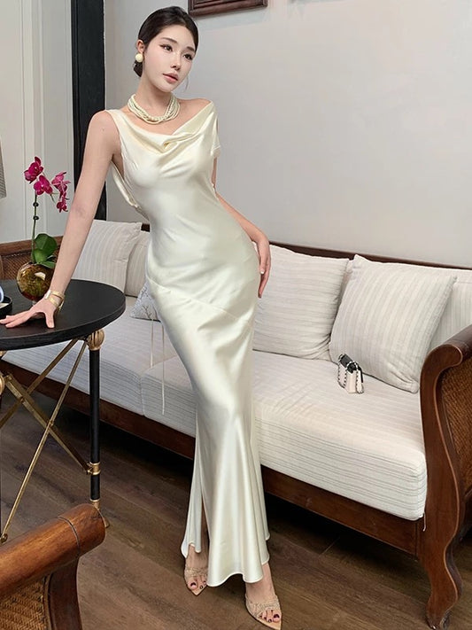 Mermaid Cowl Neck Satin Prom Dress 21st Birthday Elegant Outfit Summer Wedding Guest Dresses N4074