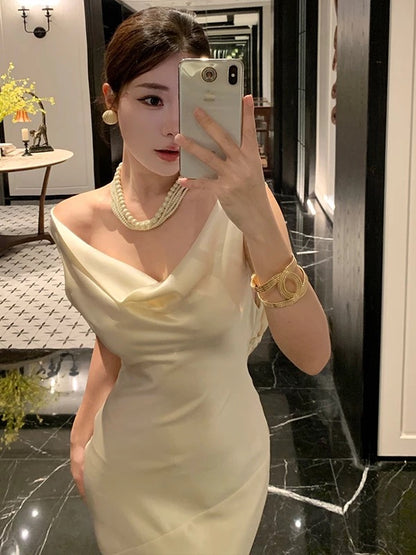 Mermaid Cowl Neck Satin Prom Dress 21st Birthday Elegant Outfit Summer Wedding Guest Dresses N4074