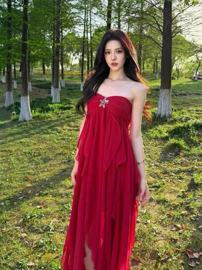 Sexy A line Sweetheart Red Chiffon Prom Dress 21st Birthday Elegant Outfit Summer Wedding Guest Dresses N4075