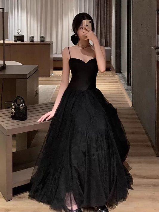 A line Spaghetti Strap Black Tie Tulle Summer 19th Birthday Elegant Outfit Wedding Guest Dresses N4076