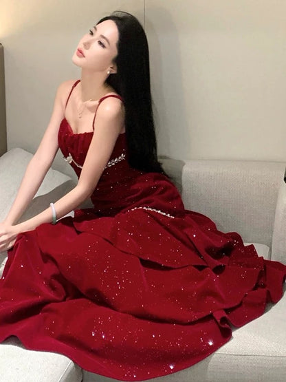 Charming Mermaid Spaghetti Strap Burgundy Velvet Summer 19th Birthday Elegant Outfit Wedding Guest Dresses N4078