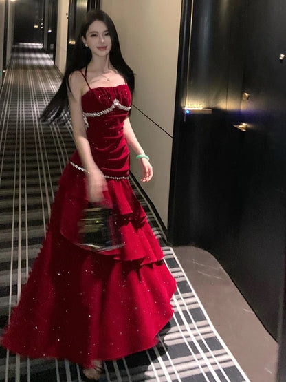 Charming Mermaid Spaghetti Strap Burgundy Velvet Summer 19th Birthday Elegant Outfit Wedding Guest Dresses N4078