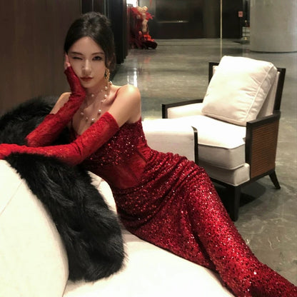 Charming Mermaid Spaghetti Strap Burgundy Sequin Summer 19th Birthday Elegant Outfit Wedding Guest Dresses N4080