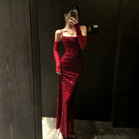 Charming Mermaid Spaghetti Strap Burgundy Sequin Summer 19th Birthday Elegant Outfit Wedding Guest Dresses N4080