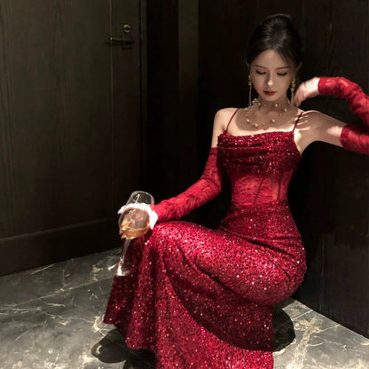 Charming Mermaid Spaghetti Strap Burgundy Sequin Summer 19th Birthday Elegant Outfit Wedding Guest Dresses N4080