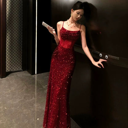 Charming Mermaid Spaghetti Strap Burgundy Sequin Summer 19th Birthday Elegant Outfit Wedding Guest Dresses N4080