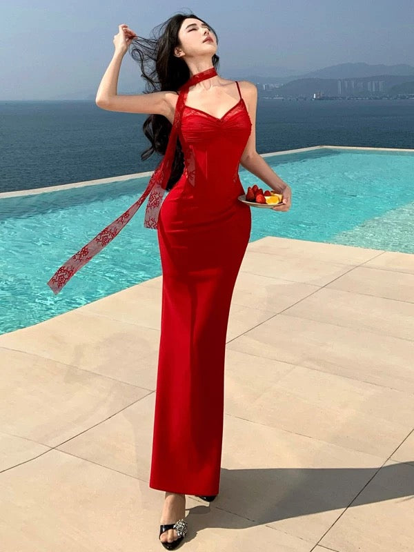 Charming Mermaid Spaghetti Strap Red Lace Summer 19th Birthday Elegant Outfit Wedding Guest Dresses N4081