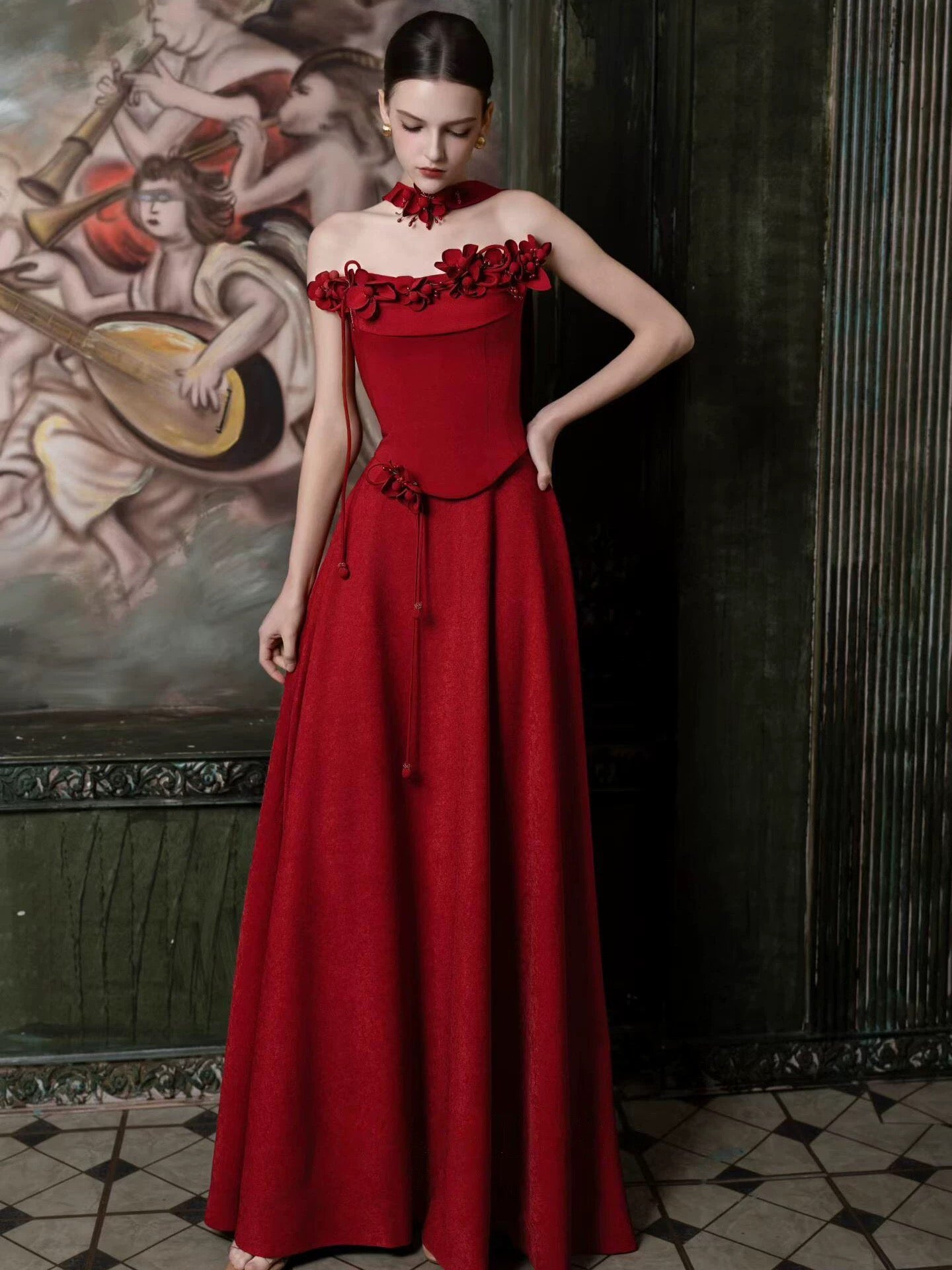 Unique Women's Mermaid Strapless Dark Red Satin Maxi Dress Date Night Outfits Outdoor Semi Formal Wedding Guest Dresses RB5163