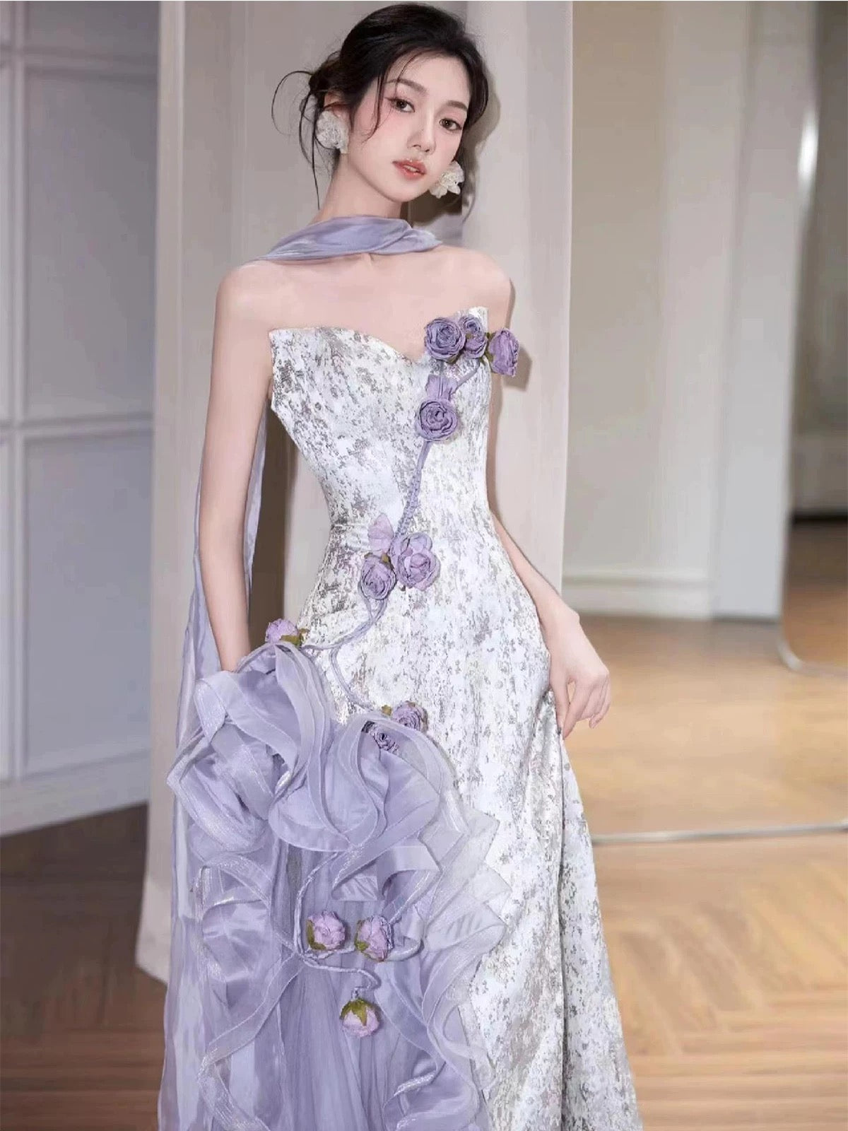 Sparkly Mermaid Sweetheart Lilac With Flowers Long Floor Length Evening Dresses Inspo Evening Outfits RB5164