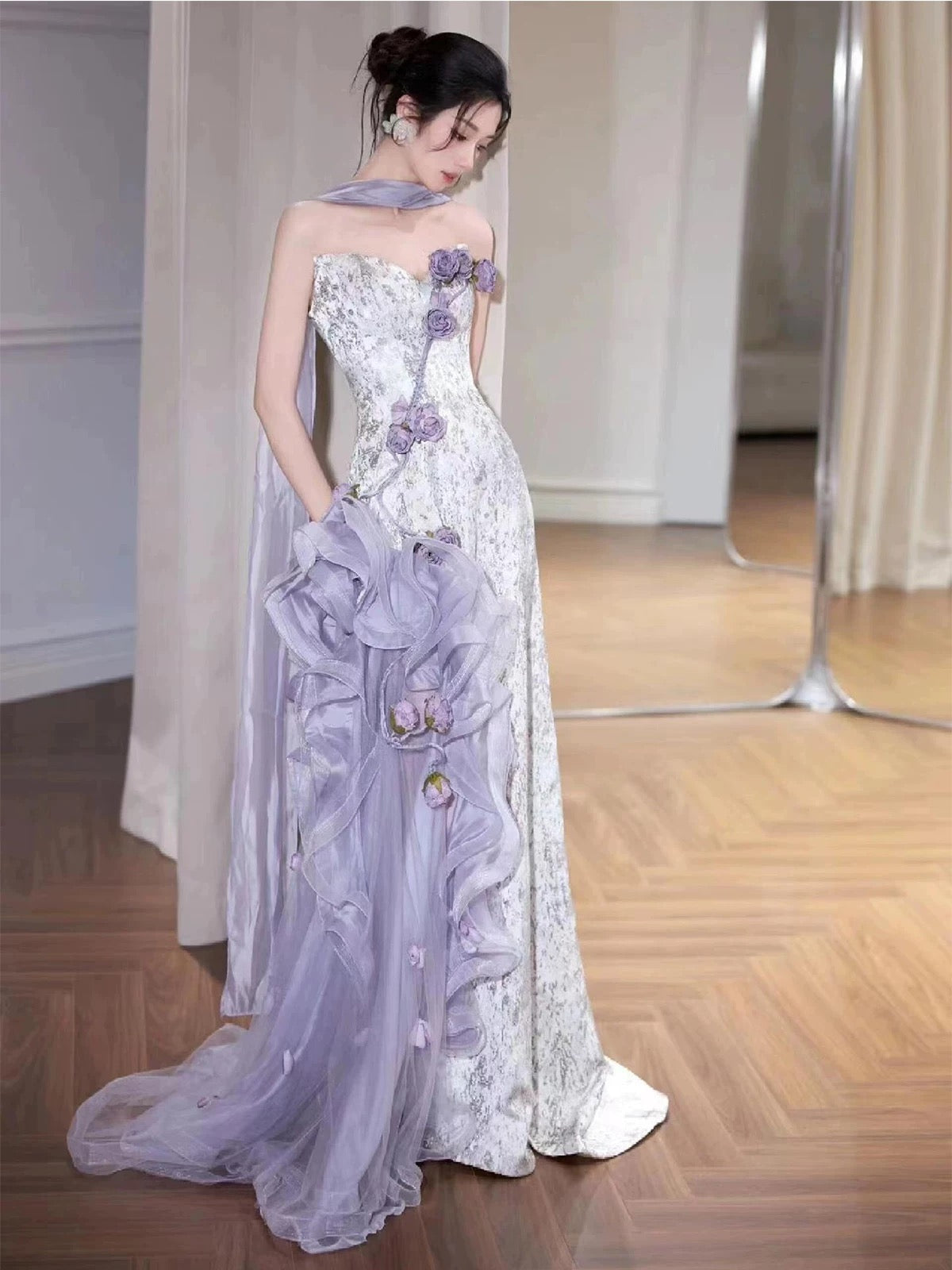 Sparkly Mermaid Sweetheart Lilac With Flowers Long Floor Length Evening Dresses Inspo Evening Outfits RB5164
