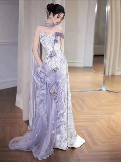 Sparkly Mermaid Sweetheart Lilac With Flowers Long Floor Length Evening Dresses Inspo Evening Outfits RB5164