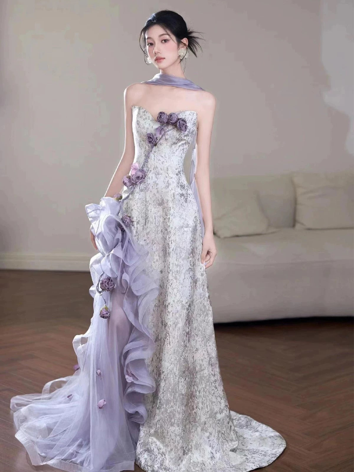 Sparkly Mermaid Sweetheart Lilac With Flowers Long Floor Length Evening Dresses Inspo Evening Outfits RB5164
