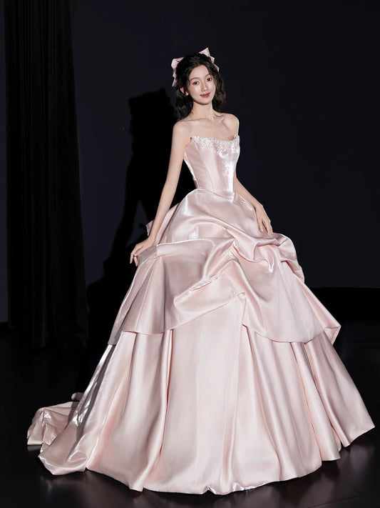 Cute Prom Dresses Ball Gown Strapless Pink With Beads Floor Length Sleeveless Evening Formal Outfits RB5165