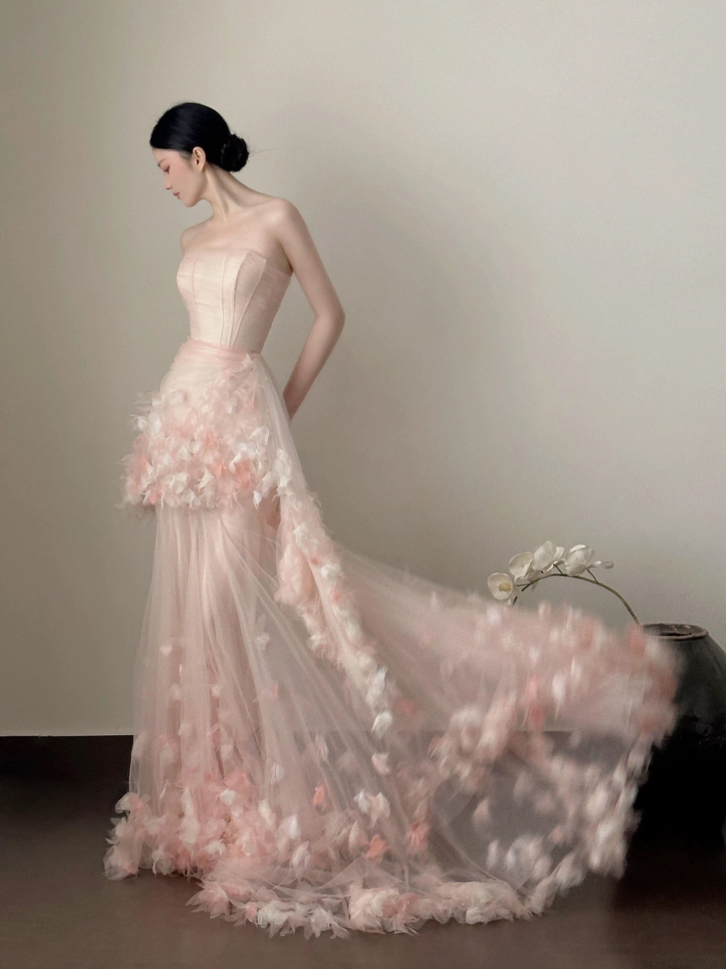 Modest Mermaid Strapless Pink With Flowers Long Floor Length Evening Dresses Inspo Evening Outfits RB5166