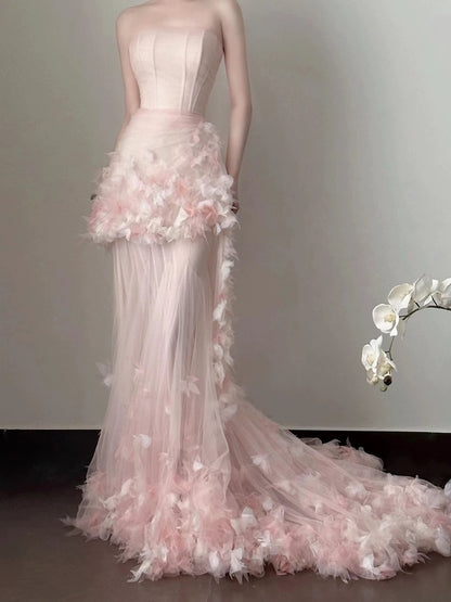 Modest Mermaid Strapless Pink With Flowers Long Floor Length Evening Dresses Inspo Evening Outfits RB5166