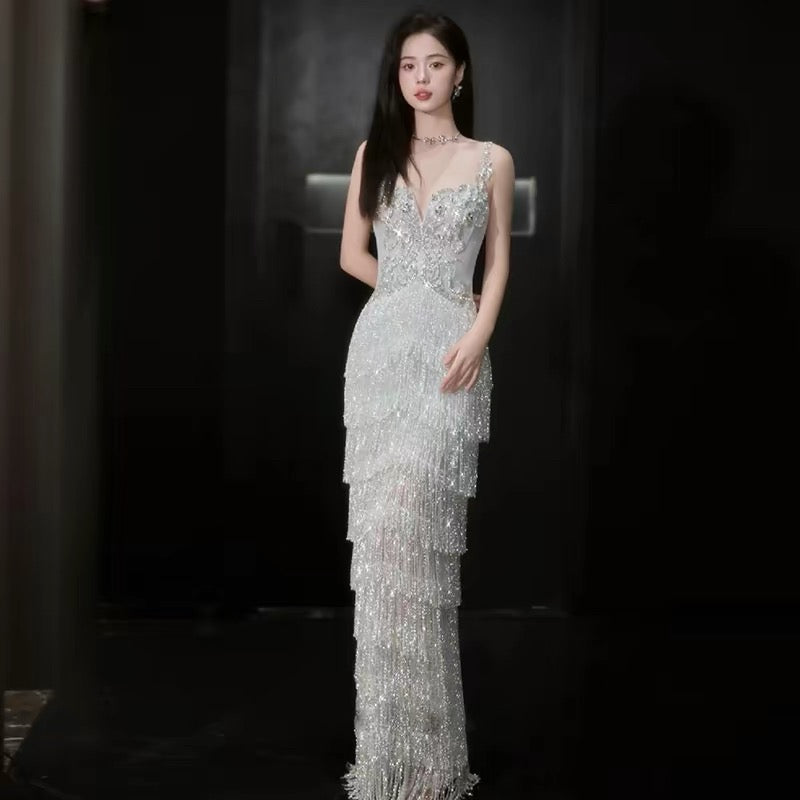 Beautiful Women's A Line Sweetheart Silver Sequin Maxi Dress Date Night Evening Outfit Semi Formal Prom Dresses RB5223
