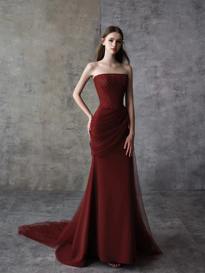 Simple Mermaid Strapless With Beading Burgundy Long Prom Evening Dresses Inspo Party Outfits RB5231