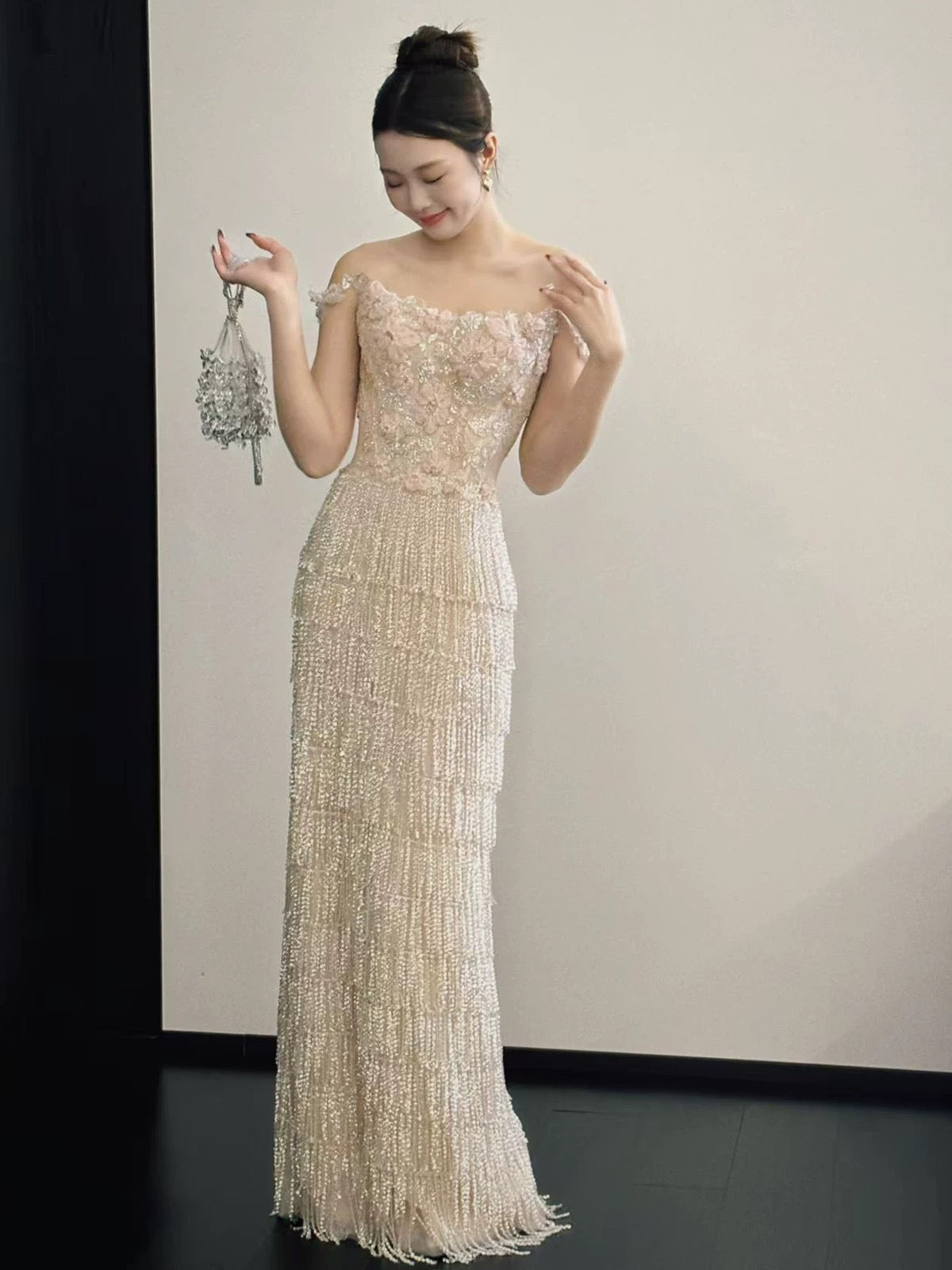 Glitter Women's A Line Straps With Tassels Sequin Maxi Dress Date Night Evening Outfit Semi Formal Prom Dresses RB5232