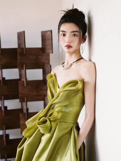 Modest A line Sweetheart Olive Green Organza With Slit Long Prom Evening Dresses Inspo Party Outfits RB5235