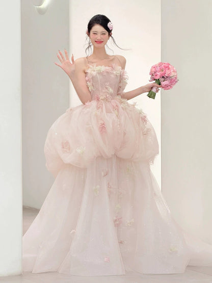 Glittery Prom Dress Ball Gown Strapless Tulle Pink With Flowers Floor Length Quinceanera Dresses Party Formal Outfits RB5236