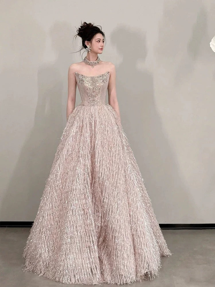 Cute Prom Dress Ball Gown Strapless Sequin Pink With Beading Floor Length Quinceanera Dresses Evening Formal Outfits RB5237