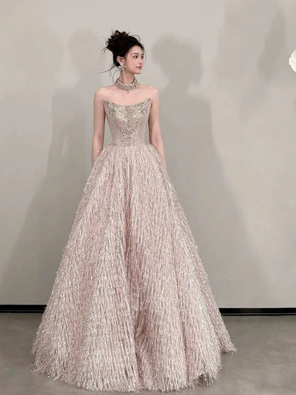 Cute Prom Dress Ball Gown Strapless Sequin Pink With Beading Floor Length Quinceanera Dresses Evening Formal Outfits RB5237