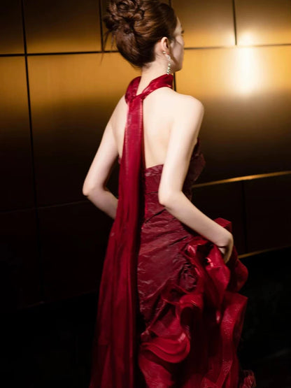 Pretty Women's A Line Strapless Burgundy Maxi Dress Date Night Evening Outfit Semi Formal Prom Dresses RB5225