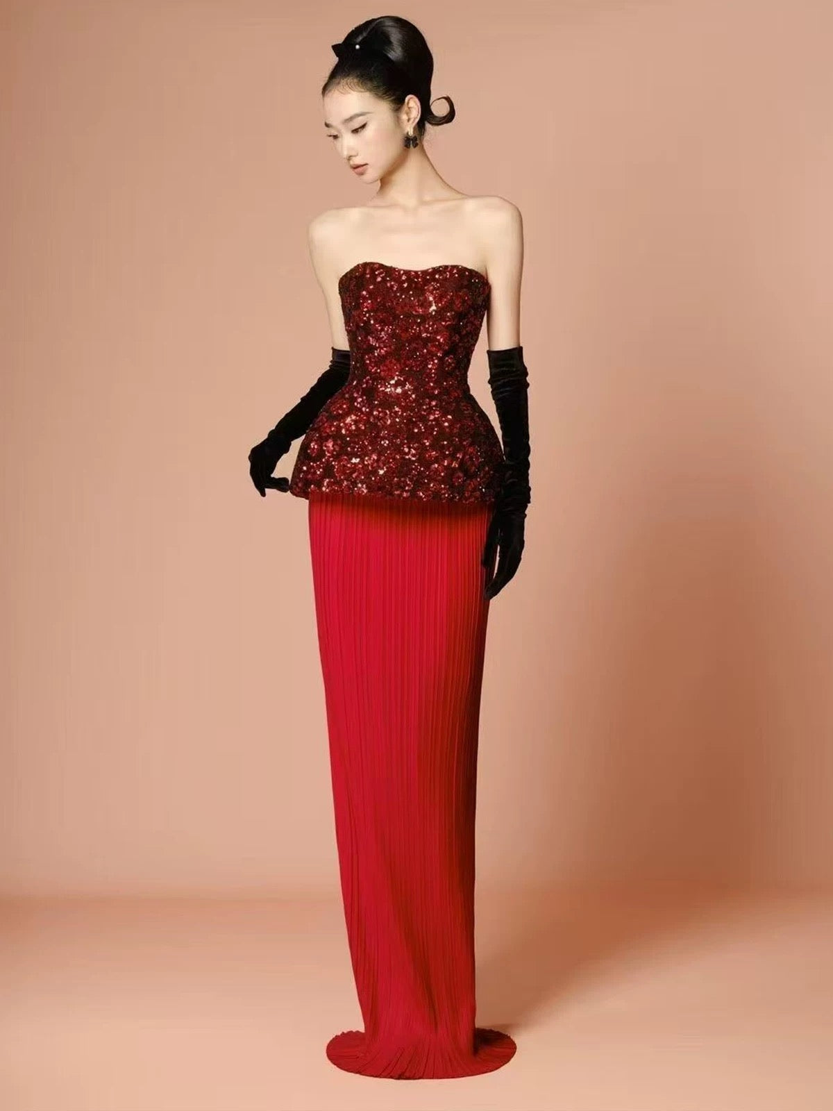 Extravagant Sheath Sweetheart Red Sequin With Gloves Long Floor Length Evening Dresses Inspo Evening Outfits RB5240